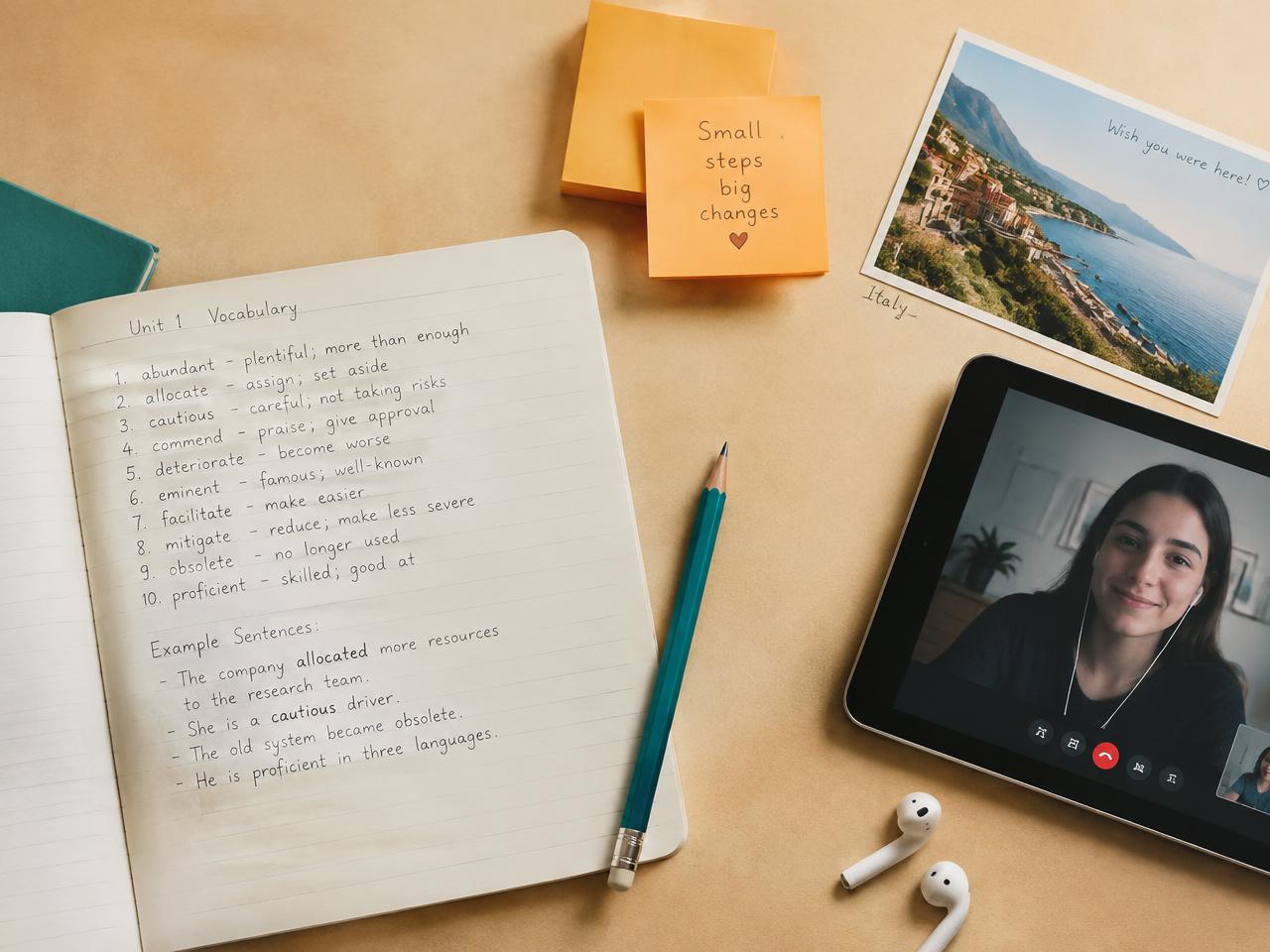 Cuaderno de vocabulario, notas adhesivas y clase virtual